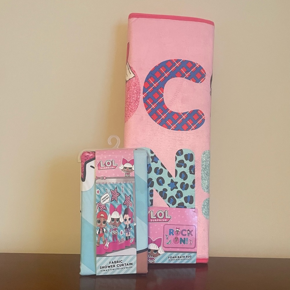 L.O.L. Surprise! Fabric Shower Curtain and Foam Bath Mat Matching Set